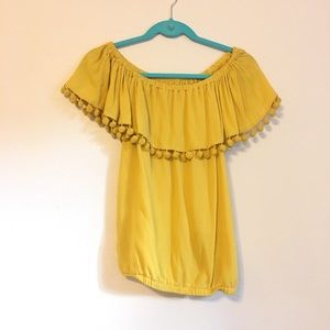 EUC YELLOW OFF THE SHOULDER POM POM TASSEL TOP